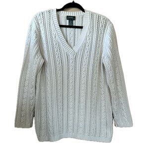 LAUREN RALPH LAUREN Off White Cotton Cable Knit V Neck Sweater Size 2X